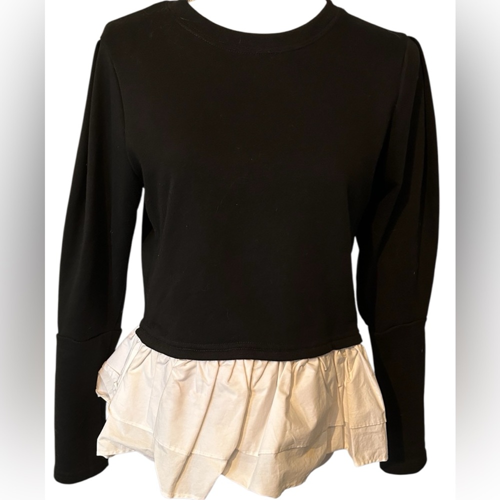 ETA Chic Black and White Ruffle Peplum Blouse